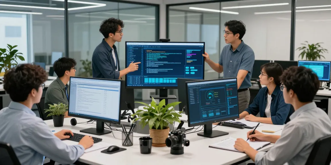 Équipe d'experts en cybersécurité discutant des outils d'application espion dans un bureau moderne.