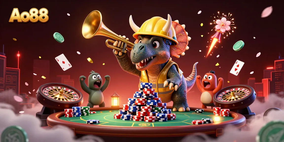 Ao88 celebrates gaming with a triumphant triceratops and vibrant poker scene.