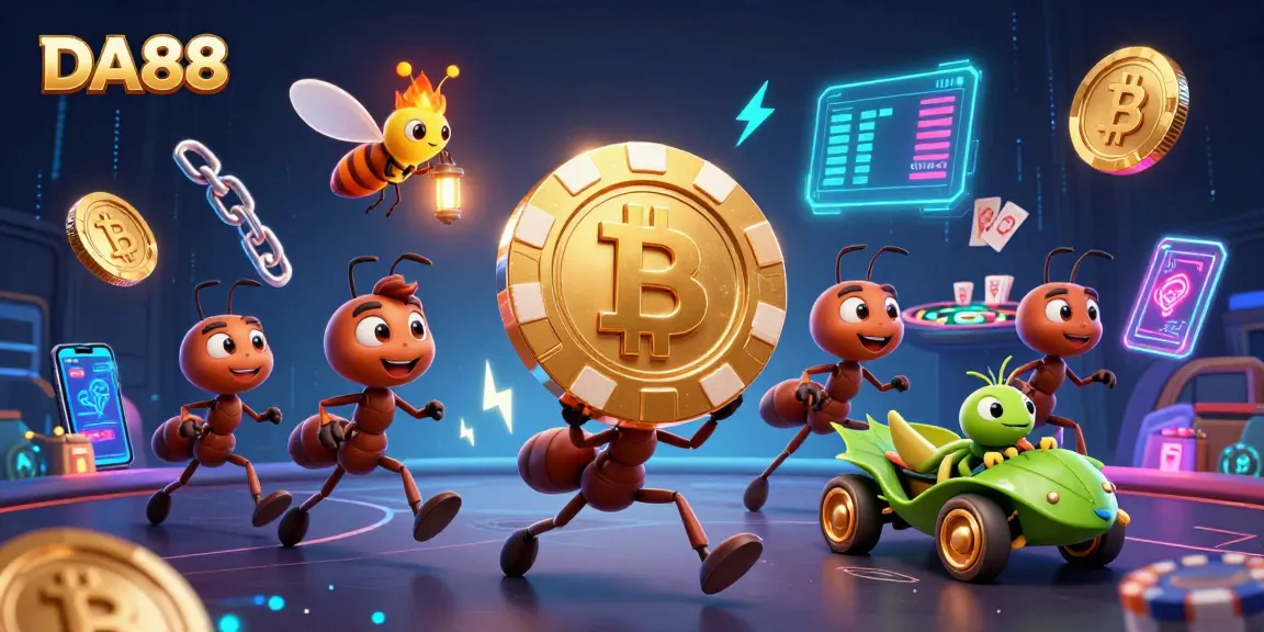 Engage in thrilling poker action with DA88, featuring a heist by cartoon ants with a poker chip.