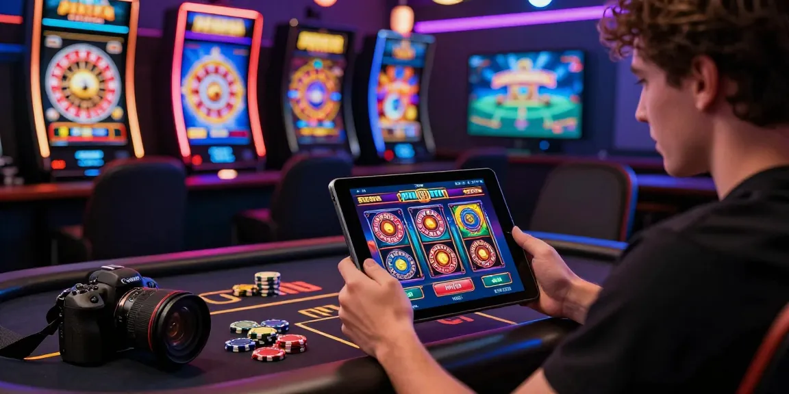 Un joueur enthousiaste tenant une tablette avec un casino en ligne brillant, ambiance excitante et éléments de jeu autour.