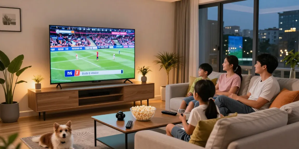 Une famille regardant la TV avec un abonnement IPTV, ambiance chaleureuse et moderne dans le salon