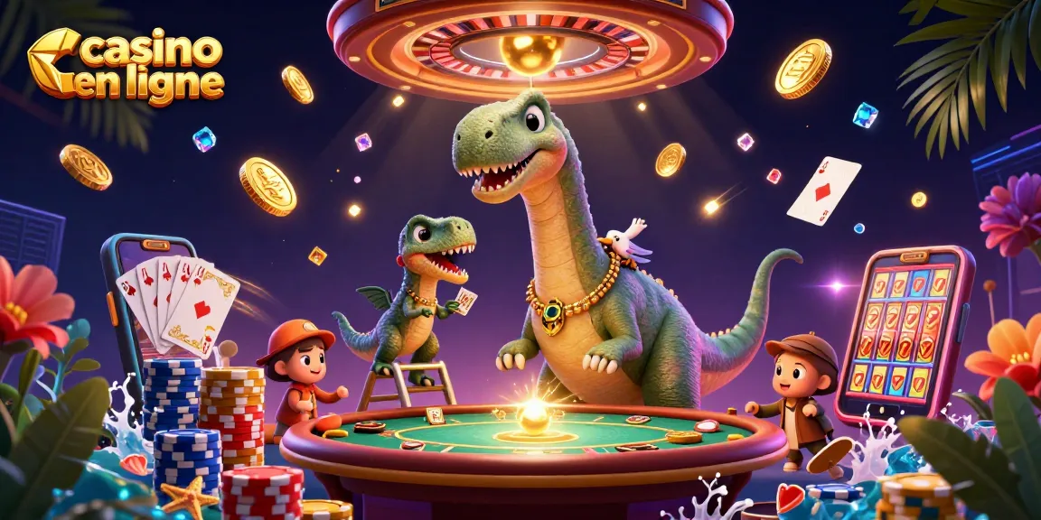 Casino en ligne : plongée dans l'univers ludique avec un brontosaurus et des éléments de poker.