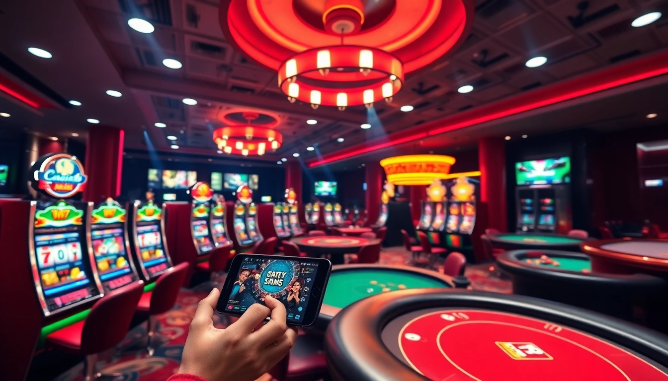 Jouer à casino en ligne avec des machines à sous animées et des tables de poker en arrière-plan.