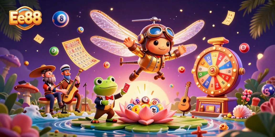 Experience the excitement of Ee88 with a vibrant casino scene featuring a dragonfly pilot and frog dealer.