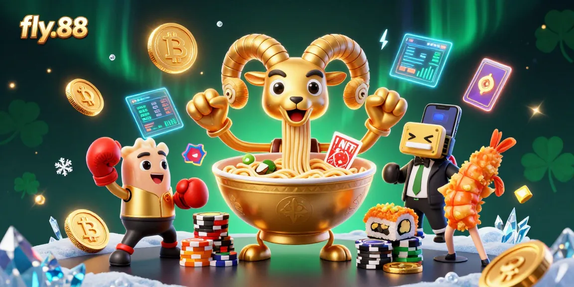 Join the fun at fly.88, where giant ramen bowls deal cards and stacks chips in a lively casino scene.