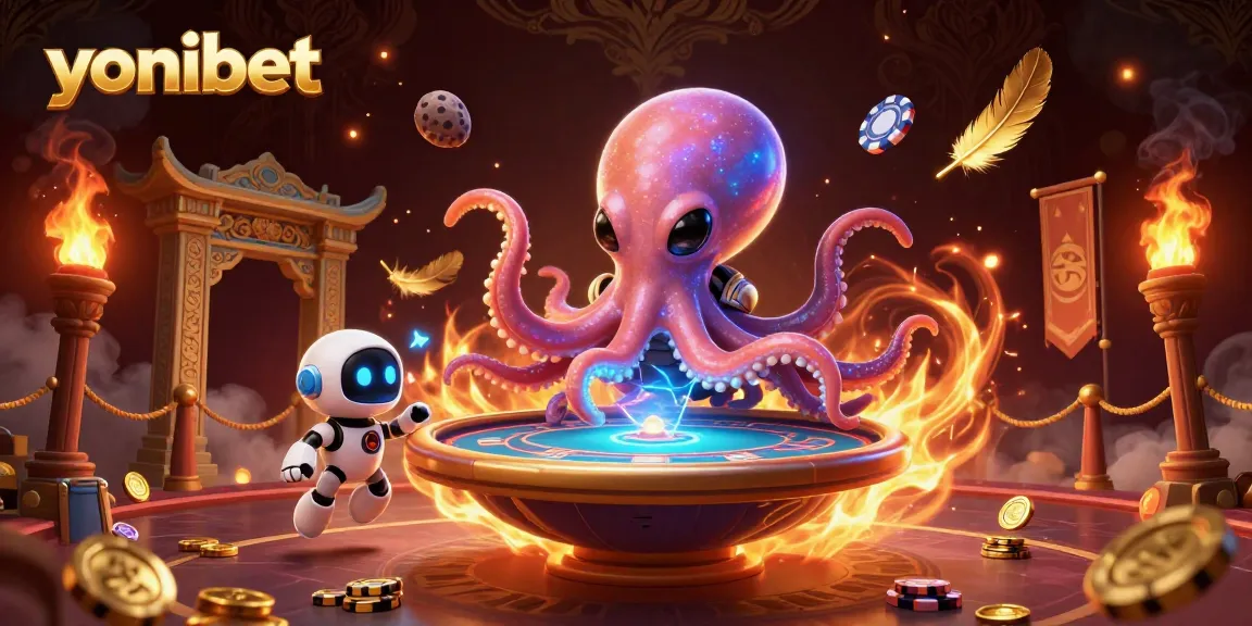 Engage in thrilling poker action with yonibet's alien octopus in a vibrant casino scene.