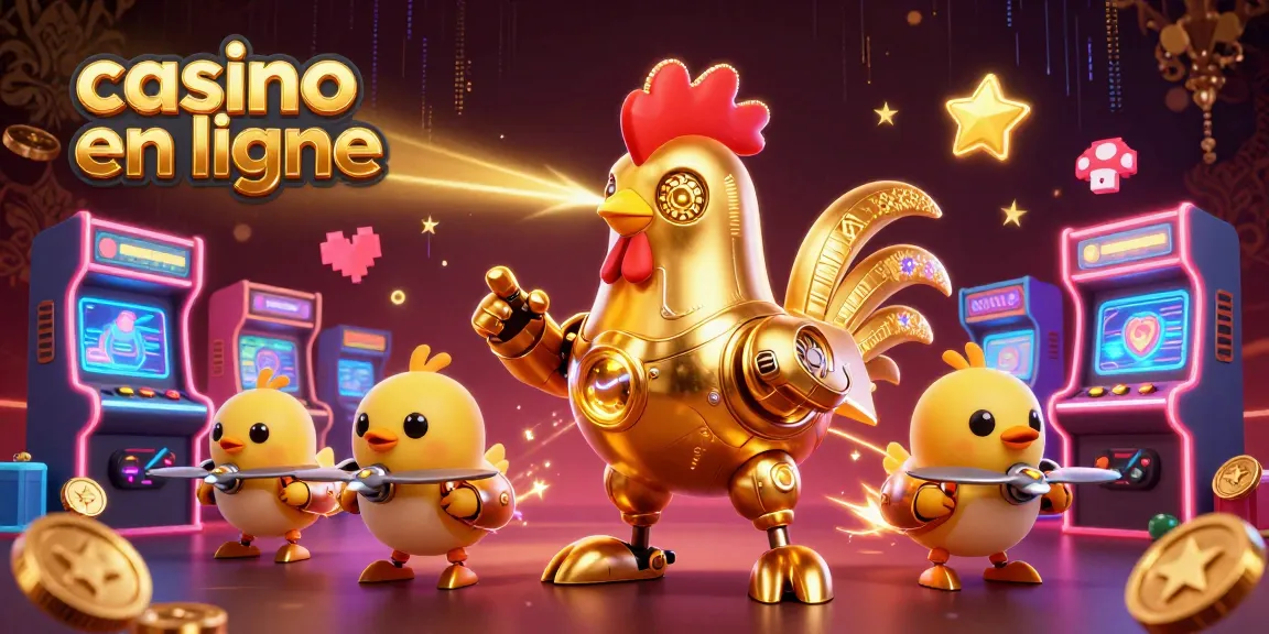 Découvrez les jeux de casino en ligne avec un robot coq doré futuriste et des drones, une ambiance dynamique.