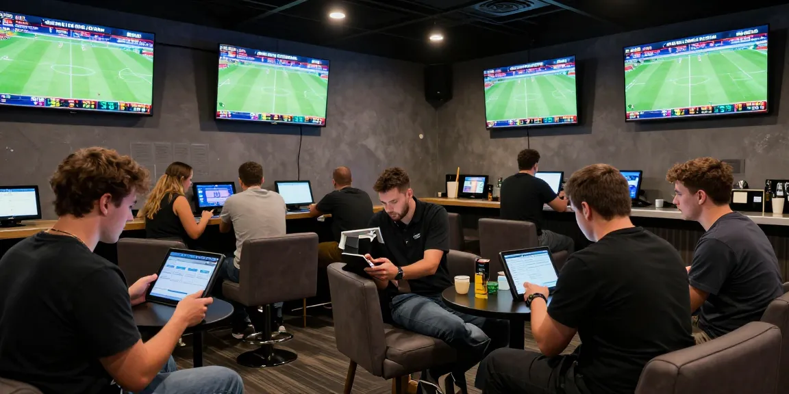 Scène de parieurs analysant des cotes dans un lounge de bookmaker sans limite de mise, ambiance dynamique et excitante avec écrans de sports en direct.