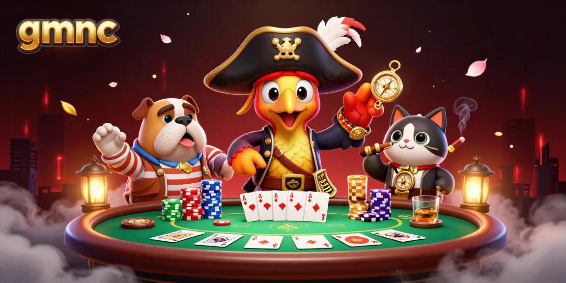 Engage with gmnc's thrilling gambling experiences led by a pirate captain, bulldog, and cat at a dynamic poker scene.