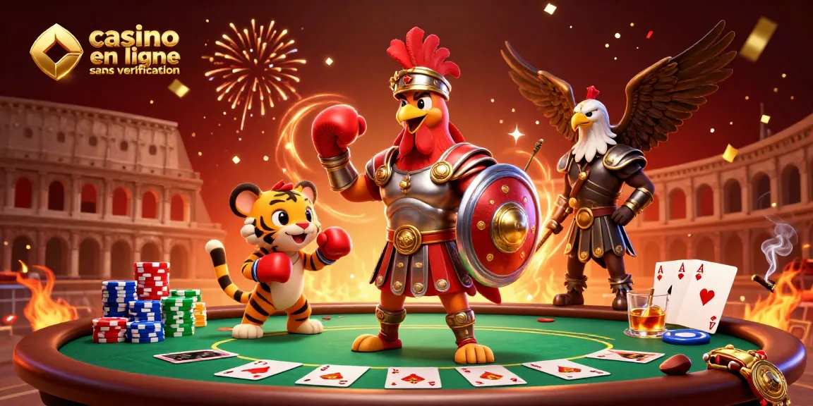 Vivez l'excitation du casino en ligne sans vérification avec ce match dynamique entre un coq gladiateur, un tigre et un aigle.