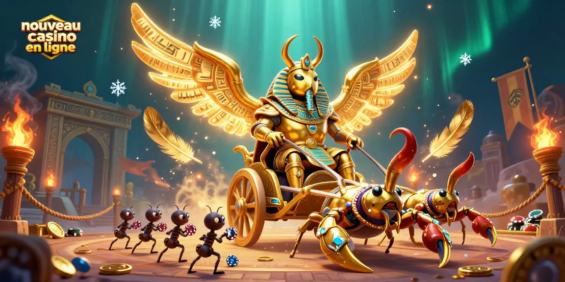 Découvrez le nouveau casino en ligne avec cette illustration vibrante d’un scarabée en armure dorée.