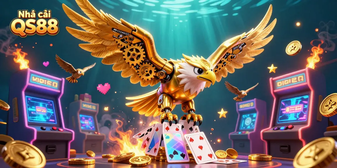 Engaging scene with Nhà cái QS88 featuring a cybernetic golden eagle themed around dynamic casino gaming.
