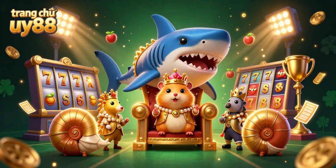 Experience the thrill at trang chủ uy88 with golden hamster king on a shark throne amidst exciting slot games.