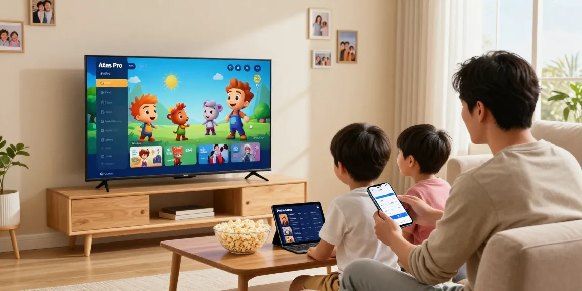 Famille regardant les chaînes de l'application atlas pro ontv sur un téléviseur, ambiance conviviale dans le salon.