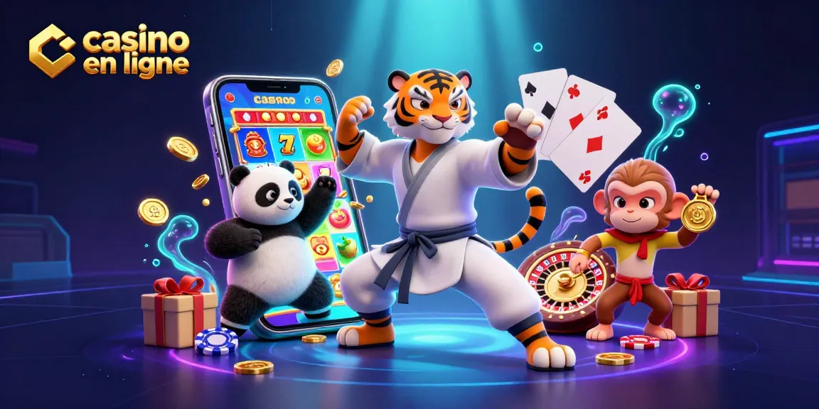 Casino en ligne : illustration dynamique avec un tigre maître, un panda et un singe sur fond coloré
