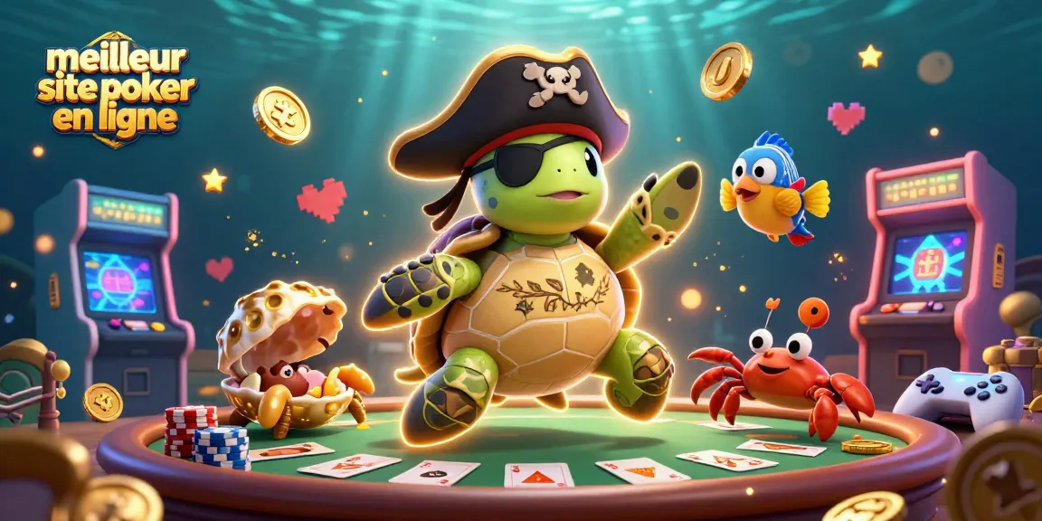 Découvrez le meilleur site de poker en ligne avec cette illustration détaillée de personnages marins autour d'une table de poker animée.