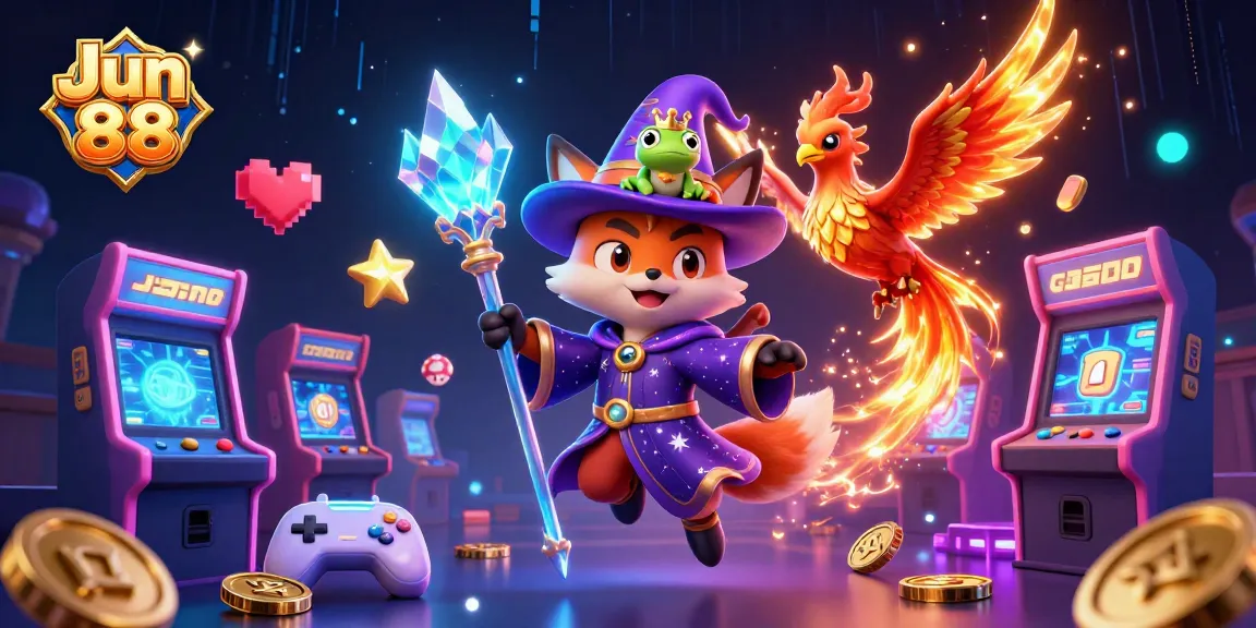 Engage with Jun 88 using a stunning illustration of a mystical wizard fox, phoenix, and gaming elements.