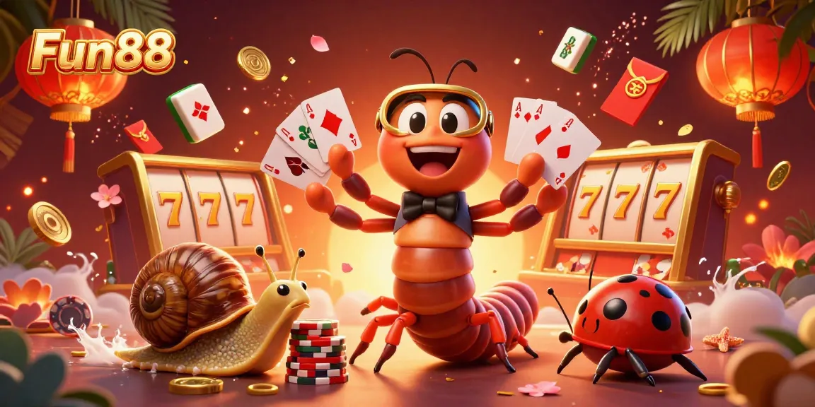 Engage with Fun88's exciting casino atmosphere featuring a millipede dealer, chips, and dynamic game elements.