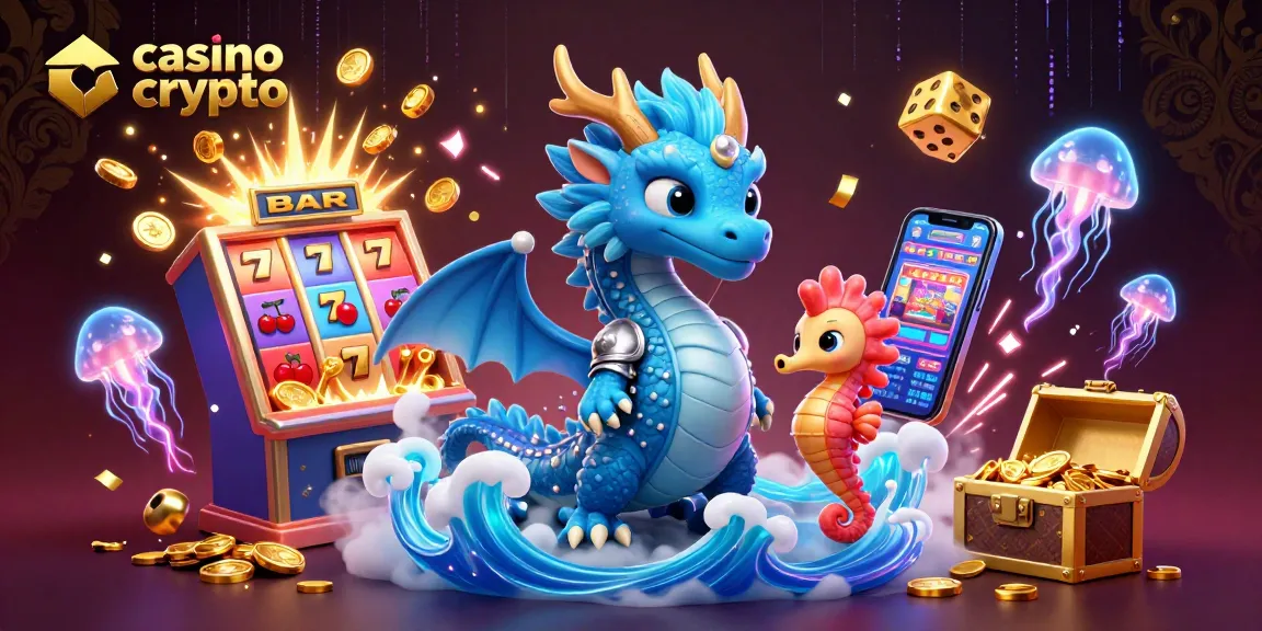 Des gains éclatants de casino crypto avec un dragon azur et des symboles lumineux.