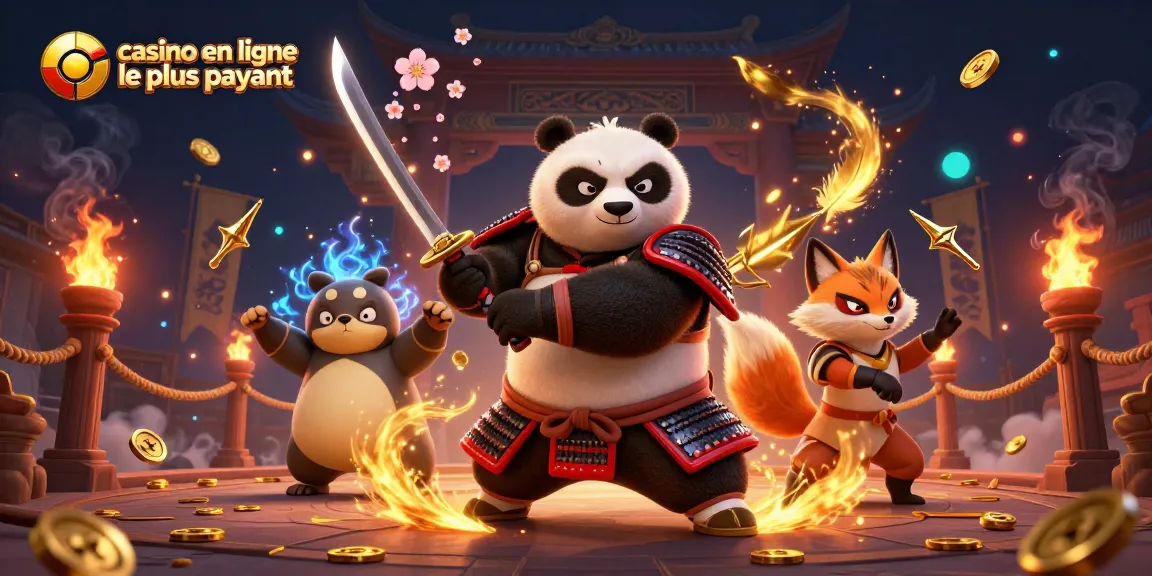 Il s'agit d'une scène de jeu de casino illustrant le casino en ligne le plus payant avec un panda samouraï et un renard ninja