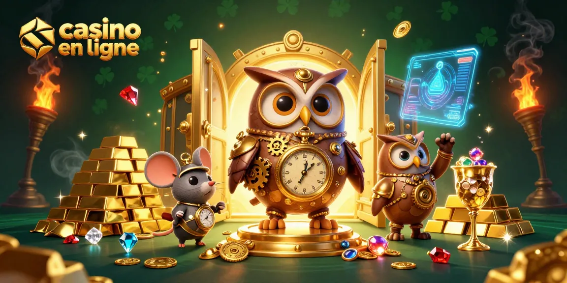 Jouez au casino en ligne avec une illustration de hibou voyageur du temps et une souris dans un monde steampunk rempli de trésors scintillants.