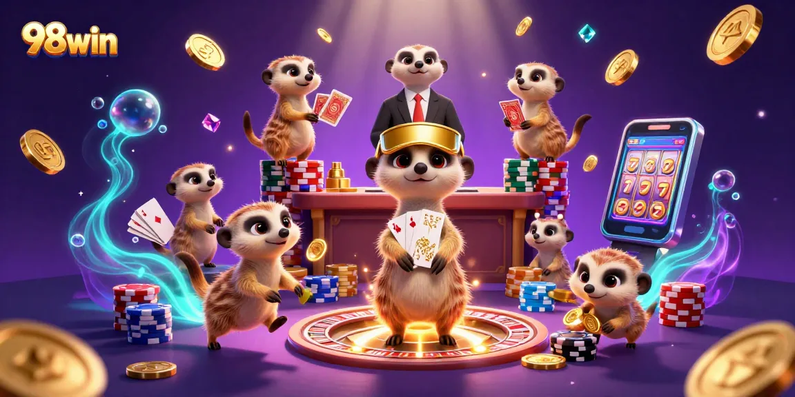 Experience the excitement of 98win with meerkats running a casino, capturing the joy of gambling.