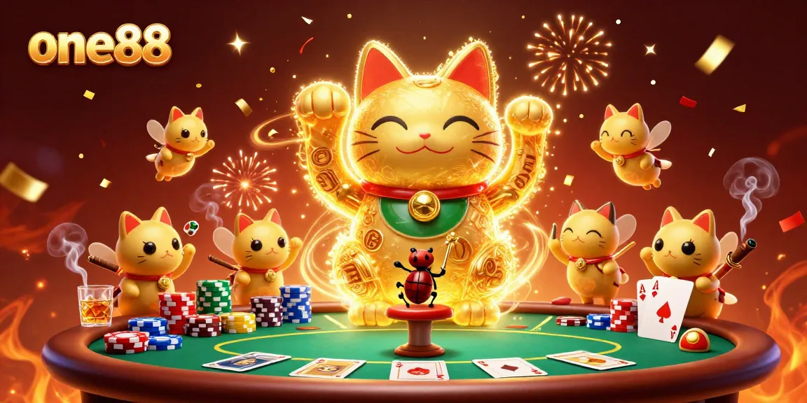 Play exciting casino games with one88 as golden fireflies and lucky cat symbolize Fortune