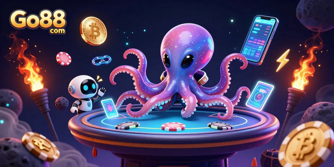 Experience the thrill at Go88 com with an alien octopus and interactive poker table amidst vibrant casino elements.