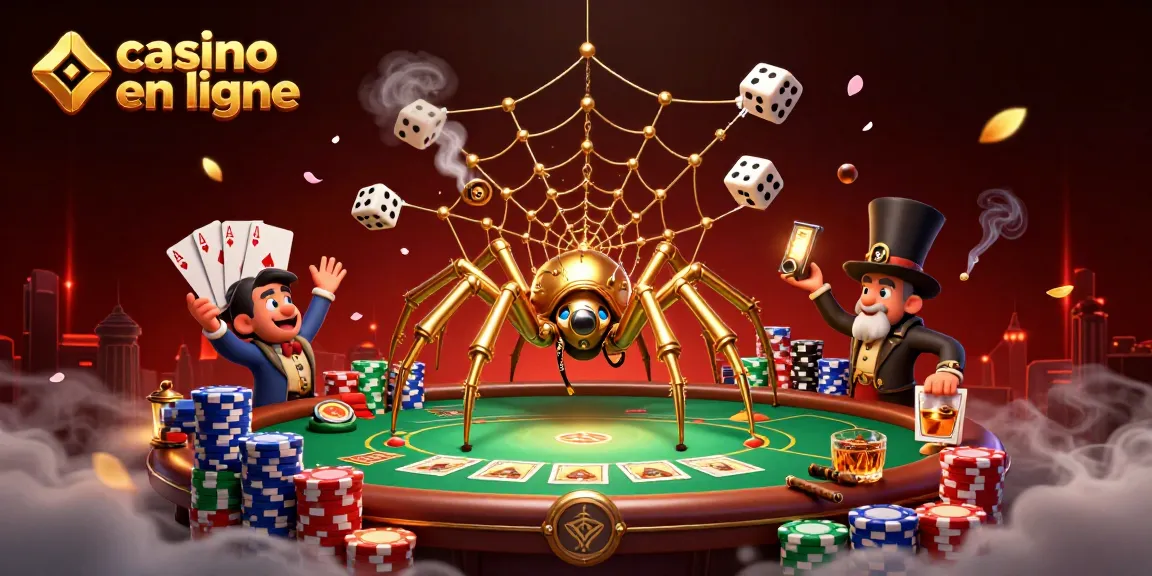Découvrez l'univers du casino en ligne avec une araignée steampunk capturant des dés malchanceux dans sa toile.