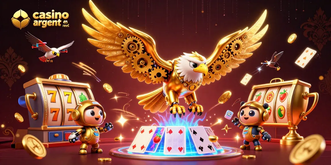 Plongez dans le monde du casino en ligne argent réel avec cette illustration dynamique illustrant un aigle cybernétique et des éléments de jeu captivants.