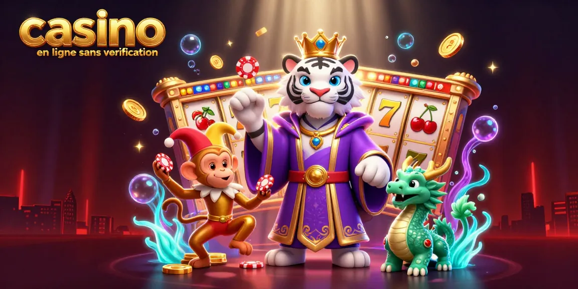 Jouez au casino en ligne sans vérification avec un tigre élégant et un singe jongleur dans une scène animée.