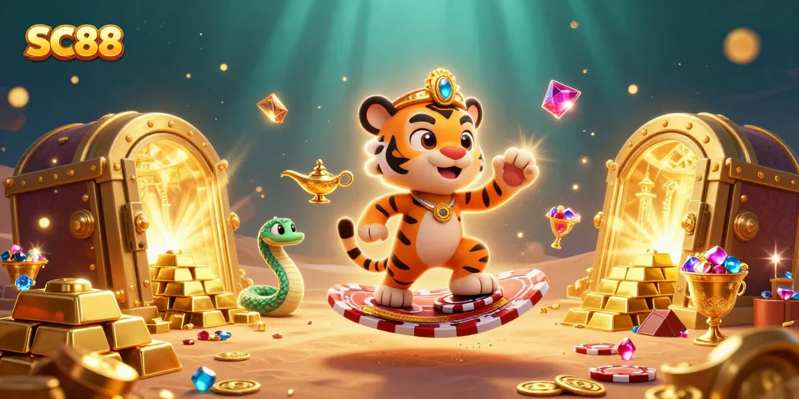 Experience the magic of SC88 with a vibrant illustration showcasing an Arabian Nights-themed sultan and treasures