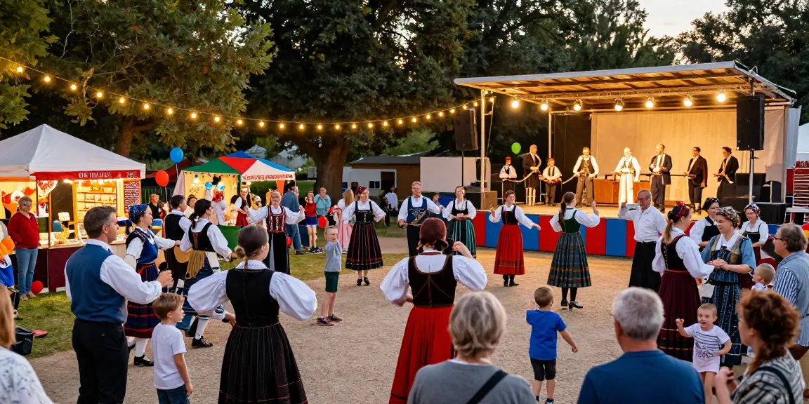 Cultural festival celebrating Breton art and music with m98 ทางเข้า at twilight in a vibrant park.
