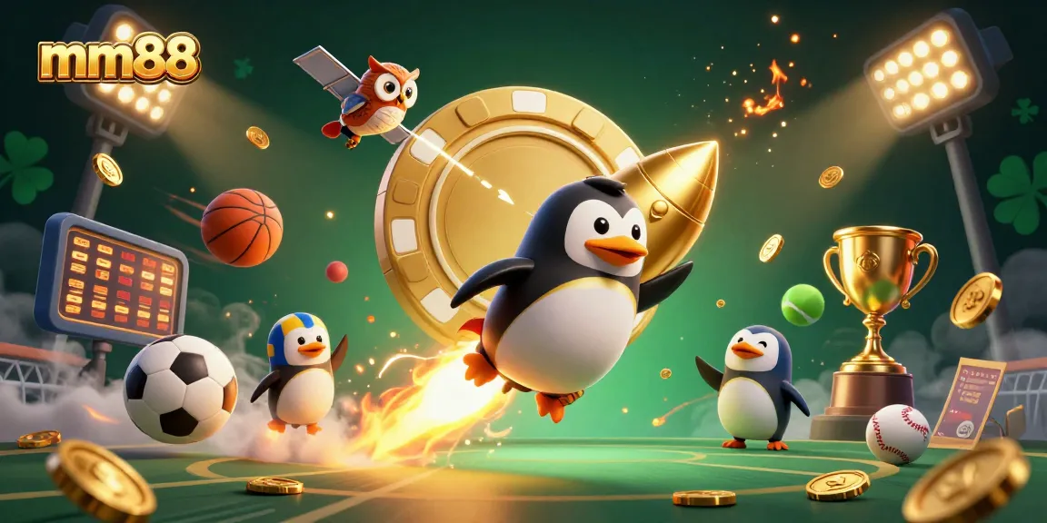 Experience mm88's thrilling adventure as a golden penguin rockets to a vibrant casino space.