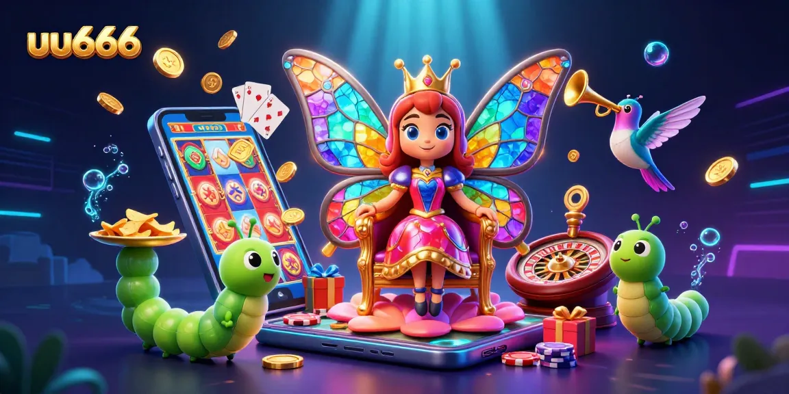 uu666 showcases a dynamic casino scene with a butterfly queen and vibrant 3D gaming elements.