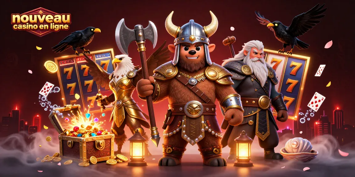 Visuel d'un nouveau casino en ligne mettant en scène un ours viking et une aigle valkyrie, entourés de machines à sous et de trésors.
