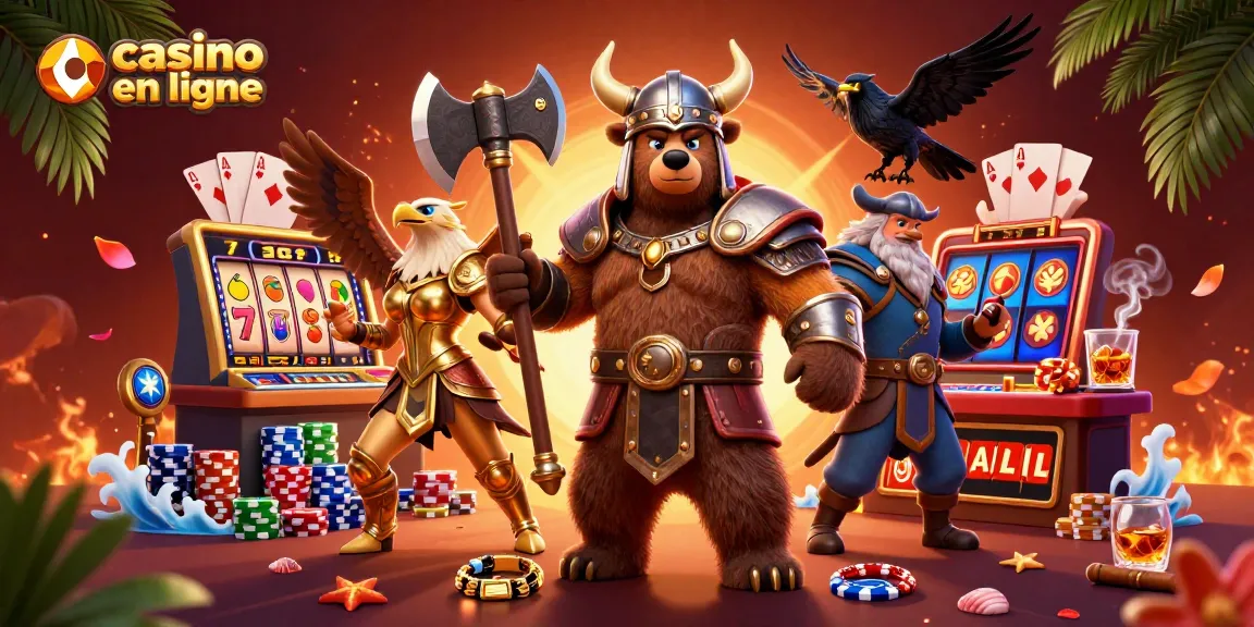 Plongez dans l'univers dynamique du casino en ligne avec ce visuel captivant illustrant des éléments de jeux et des personnages fantastiques.