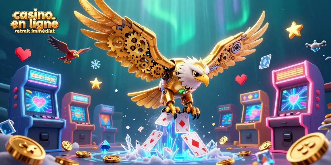 Jouez au casino en ligne retrait immédiat avec un aigle cybernétique, s'illuminant pendant un jeu palpitant.