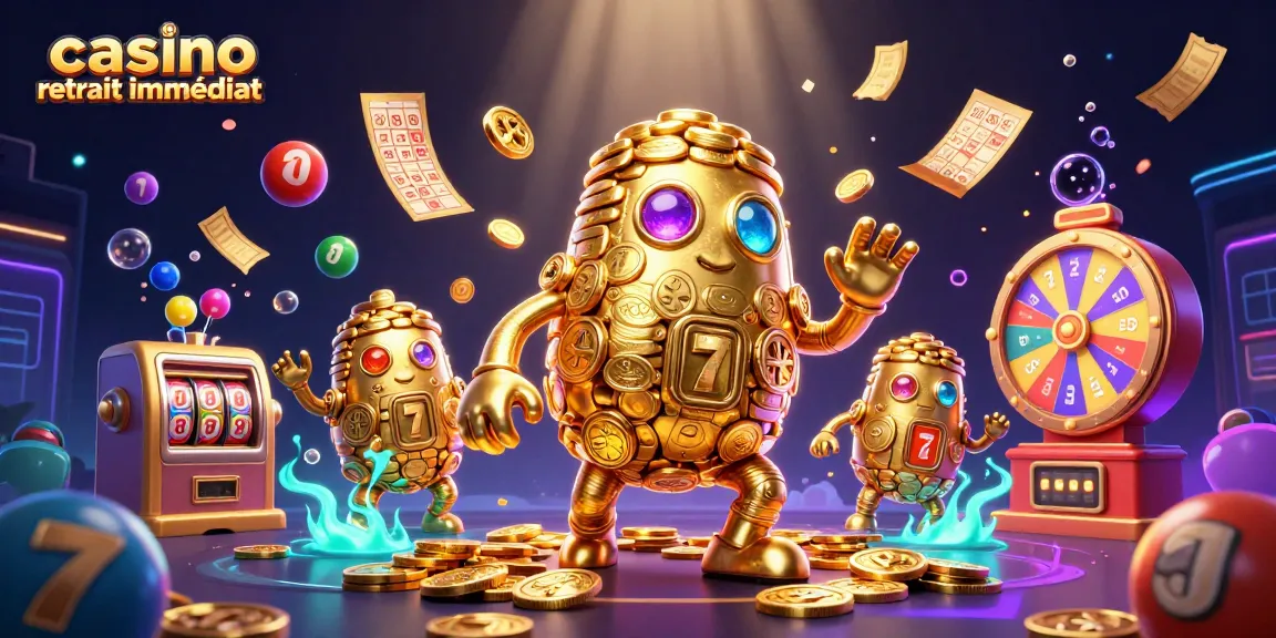 Illustration dynamique de casino retrait immédiat avec un golem ancien fait de pièces d'or et des éléments de loterie colorés.