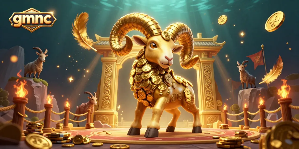 Engage with gmnc through this vibrant 3D casino scene featuring a golden ram and dynamic gaming elements.