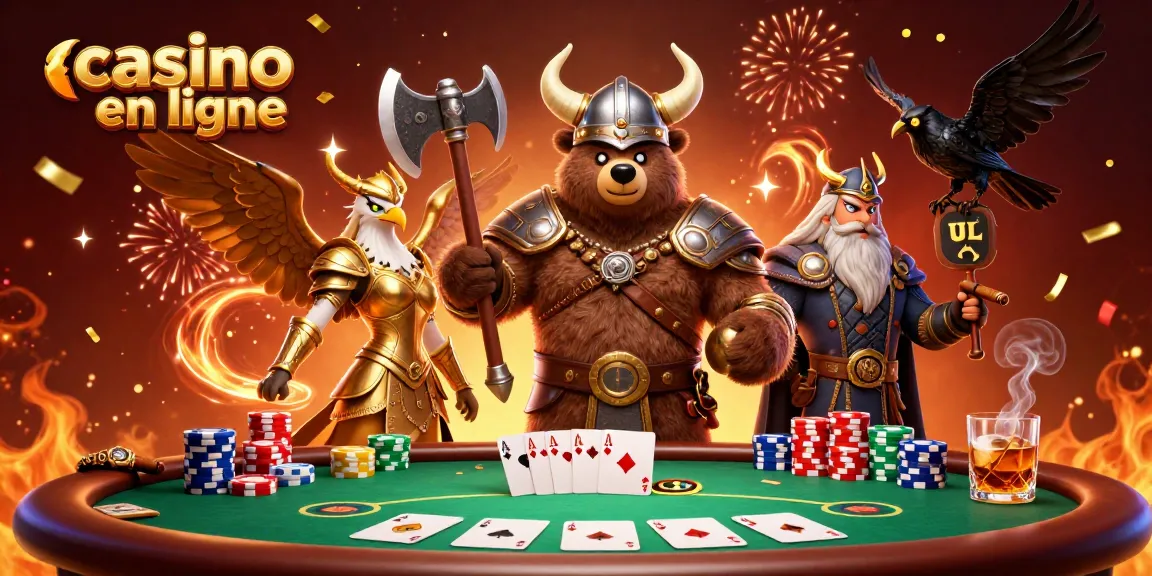 Jouer au casino en ligne avec un ours viking et une aigle valkyrie dans un environnement coloré.