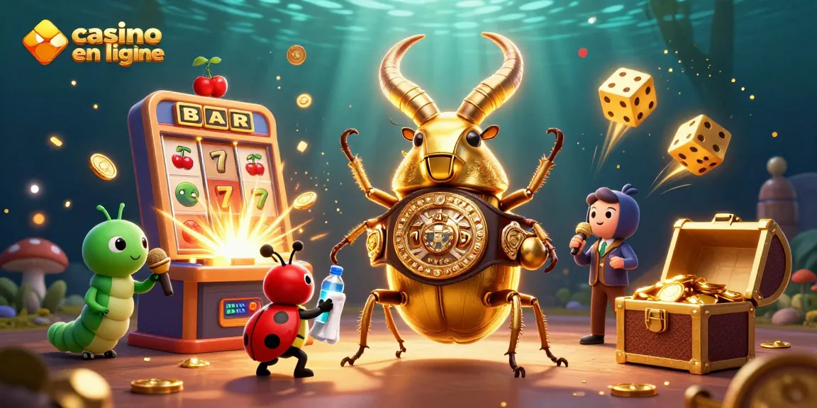 Découvrez l'univers du casino en ligne avec un scarabée doré boxeur, des machines à sous et des jeux colorés.