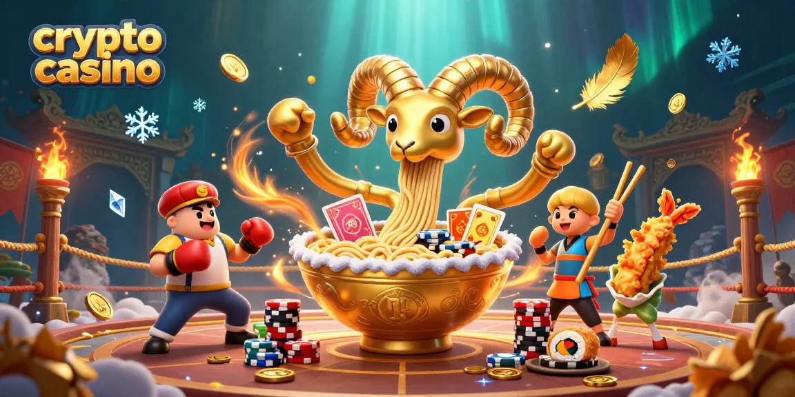 Casino crypto : illustration dynamique d'un bol ramen géant proposant des jeux de cartes, accompagné de personnages originaux.