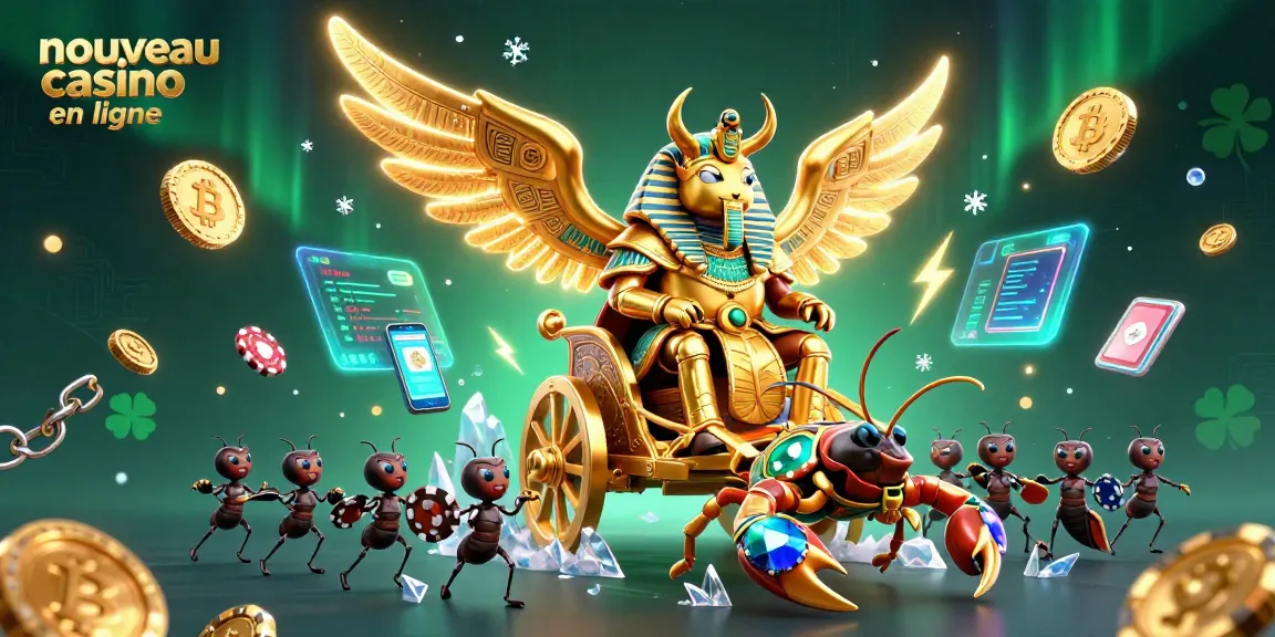 Jouer dans un nouveau casino en ligne avec un scarabée doré majestueux au centre, des scorpions et des pièces virtuelles scintillantes.