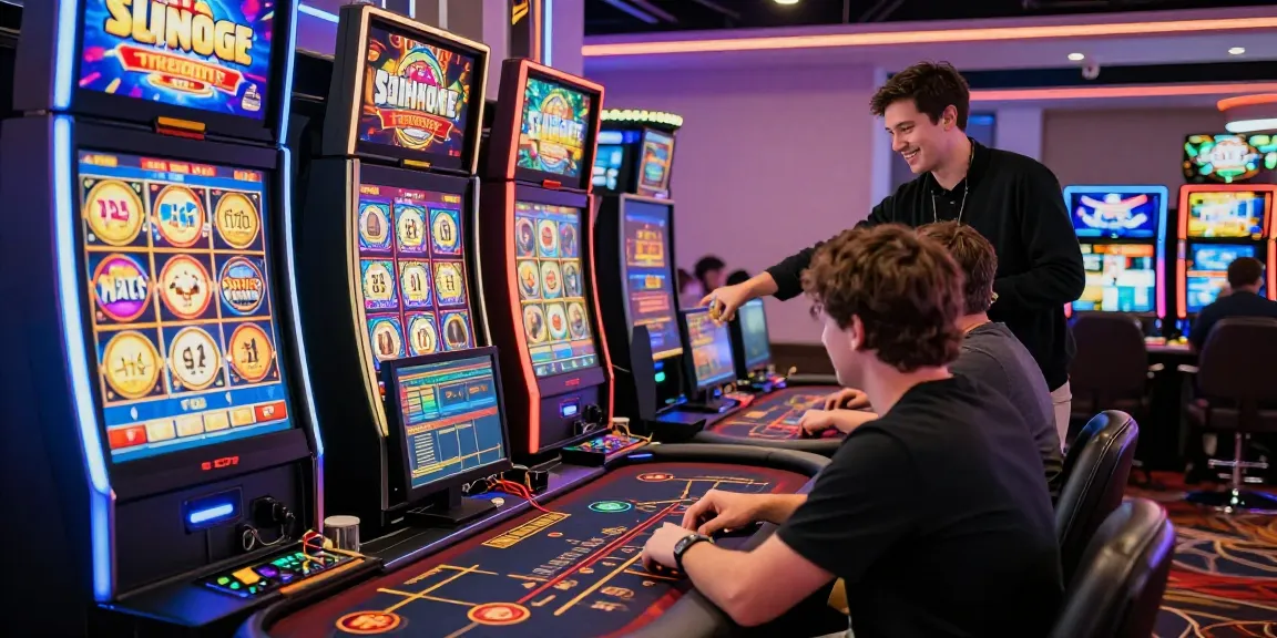 Scène de casino en ligne avec des joueurs captivés par des machines à sous et des tables de poker.