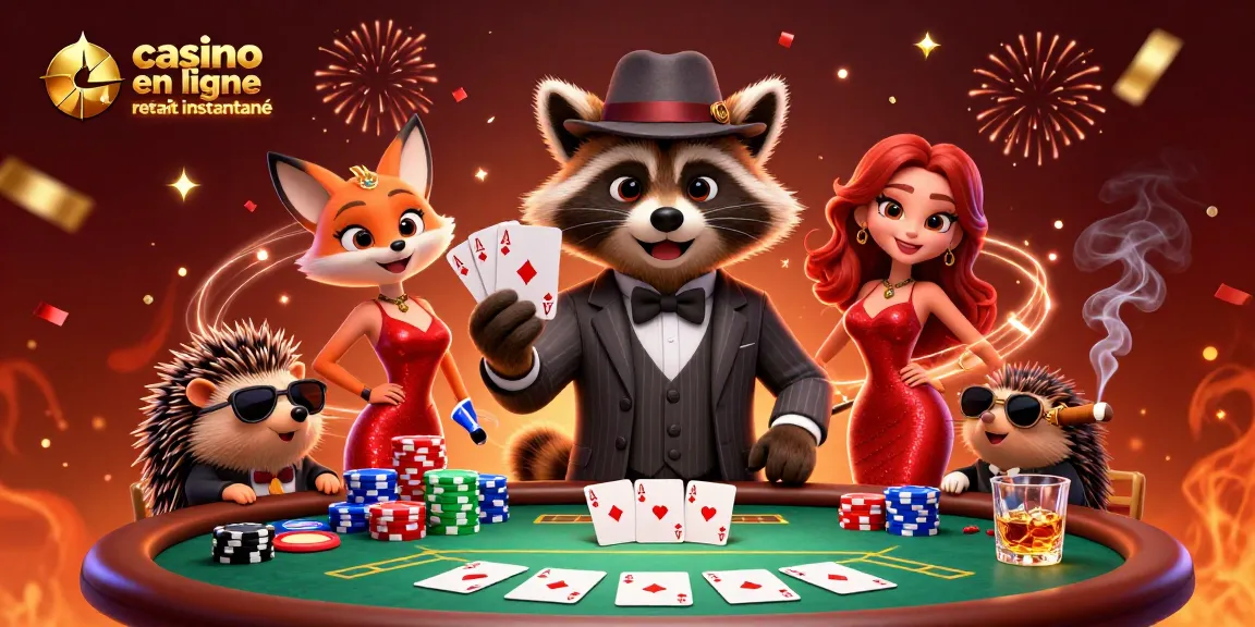 Jouez au casino en ligne retrait instantané, profitant de gains rapides avec un raton laveur et une renarde dans une scène festive.