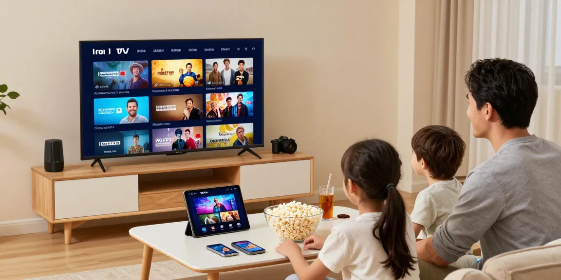 Famille profitant de l'abonnement Iron TV Pro en streaming HD & 4K dans un salon convivial.