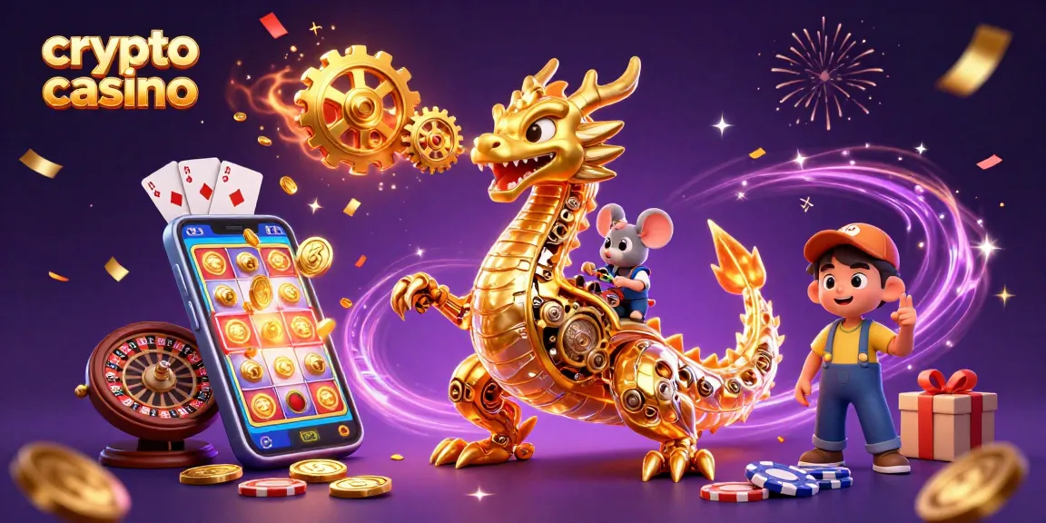 Plongez dans l'univers des crypto casinos avec un dragon doré mécanique et un ingénieur souris au milieu d'éléments de jeu vibrants.