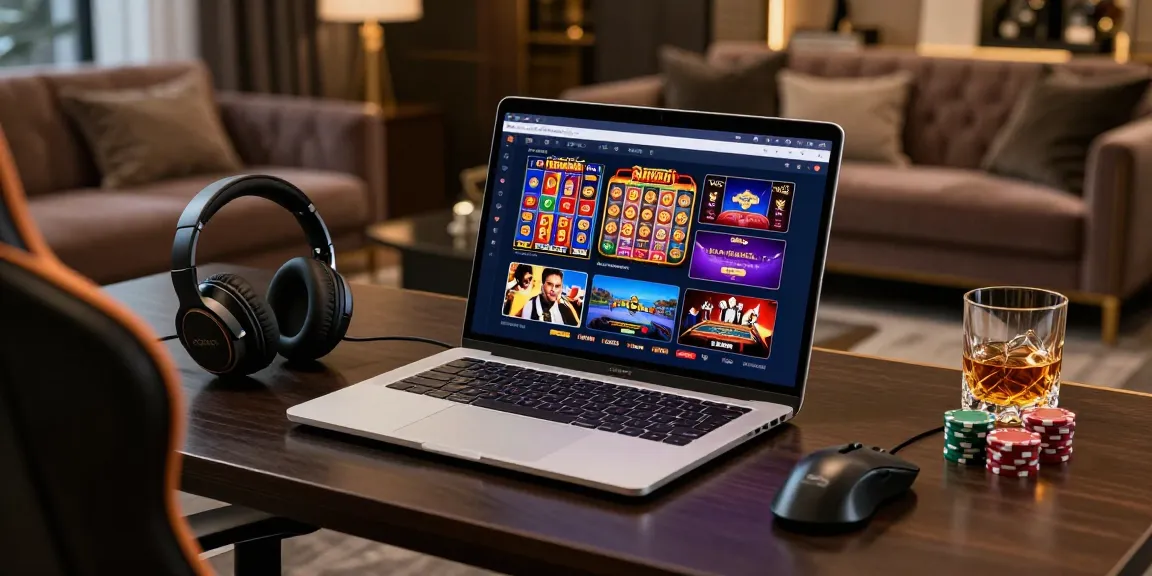 Casino en ligne avec interface élégante sur un ordinateur portable, ambiance luxueuse et accessoires de jeu stylés.