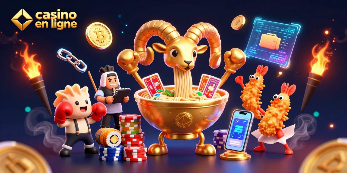 Plonger dans l'univers du casino en ligne avec un bol de ramen géant offrant des cartes et des jetons dans une scène animée.